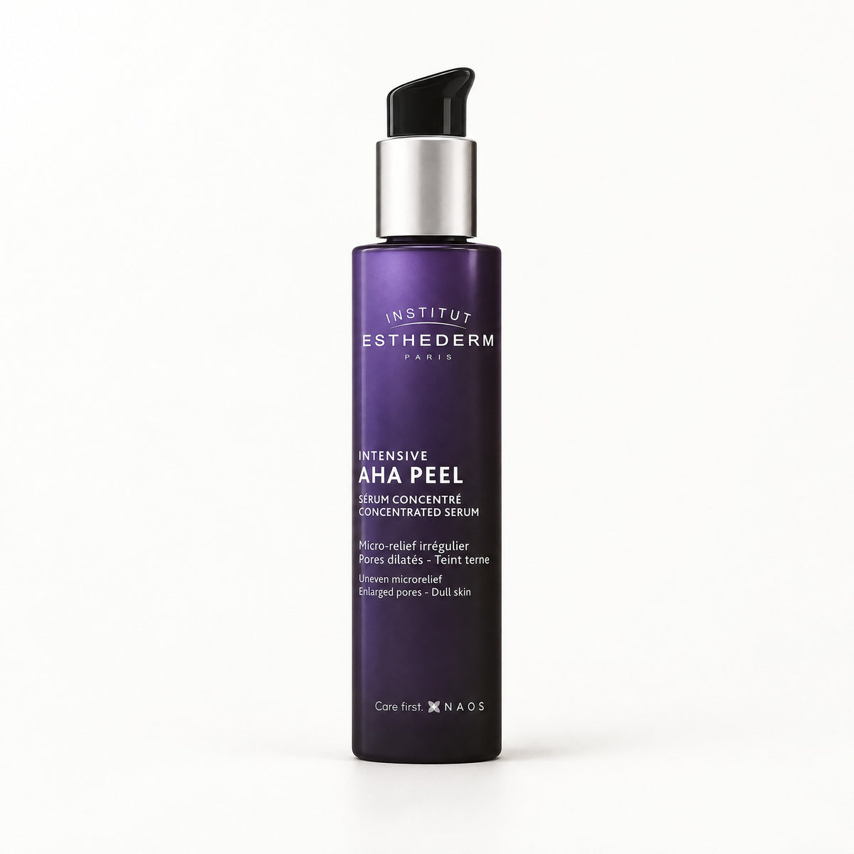 Frasco morado con bomba plateada de Institut Esthederm Intensive AHA Peel Serum 30 ml