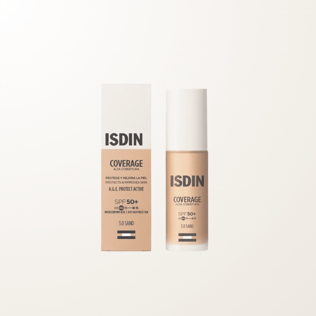 ISDIN Coverage Sand SPF 50+ maquillaje fotoprotector  tono sand con amplia cobertura apto para todo tipo de piel incluidas pieles sensibles y atopicas.