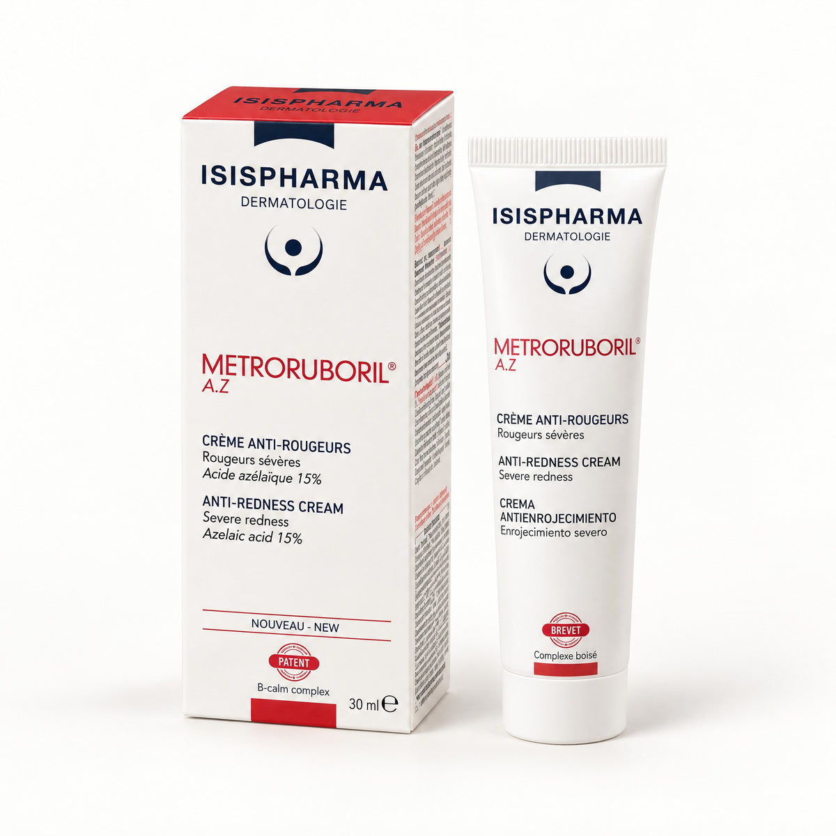 Caja con banda roja y tubo blanco, Isispharma Metroruboril A.Z crema anti-rojeces 30 ml