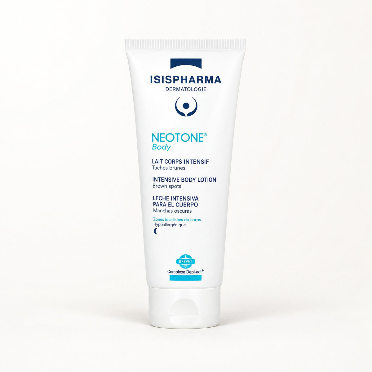Tubo blanco con banda azul marino y texto turquesa, Isispharma Neotone Body leche corporal