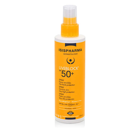 IsisPharma UvEblock SPF50 Spray protector solar de alta protección para todo tipo de piel. Encuéntralo en Elenederm