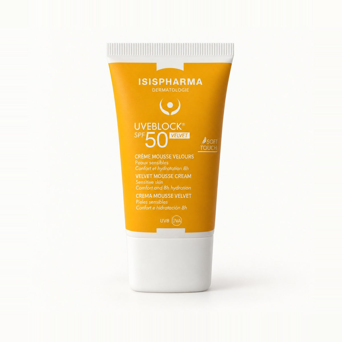Tubo naranja con tapa blanca y logo Isispharma Dermatologie, Uveblock SPF 50 Velvet crema mousse 40 ml