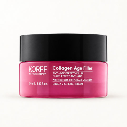 Tarro fucsia con tapa negra de Korff Collagen Age Filler, crema viso 50 ml