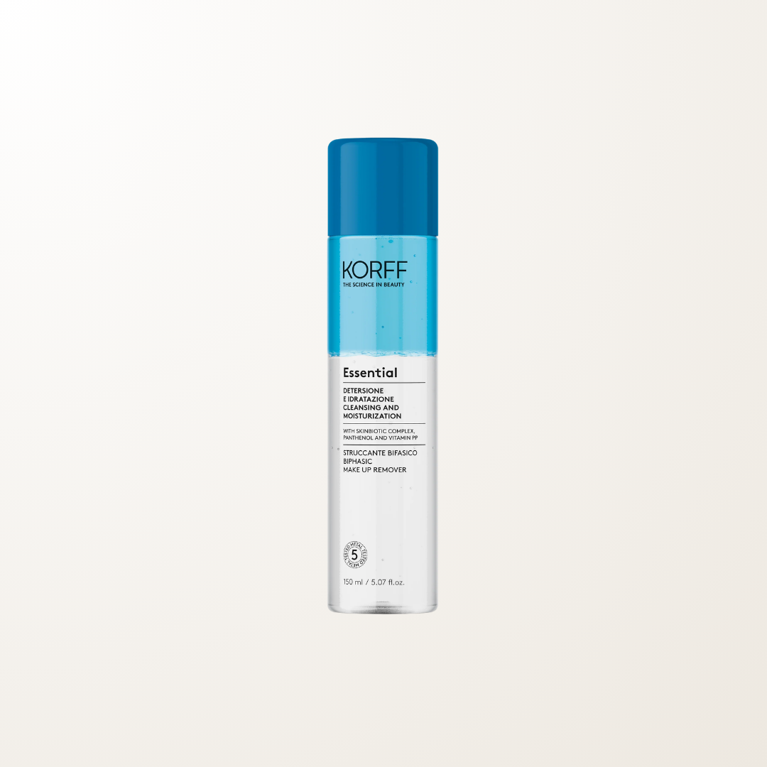 Frasco de Essential Desmaquillante Bifásico Korff, para rostro, ojos y labios