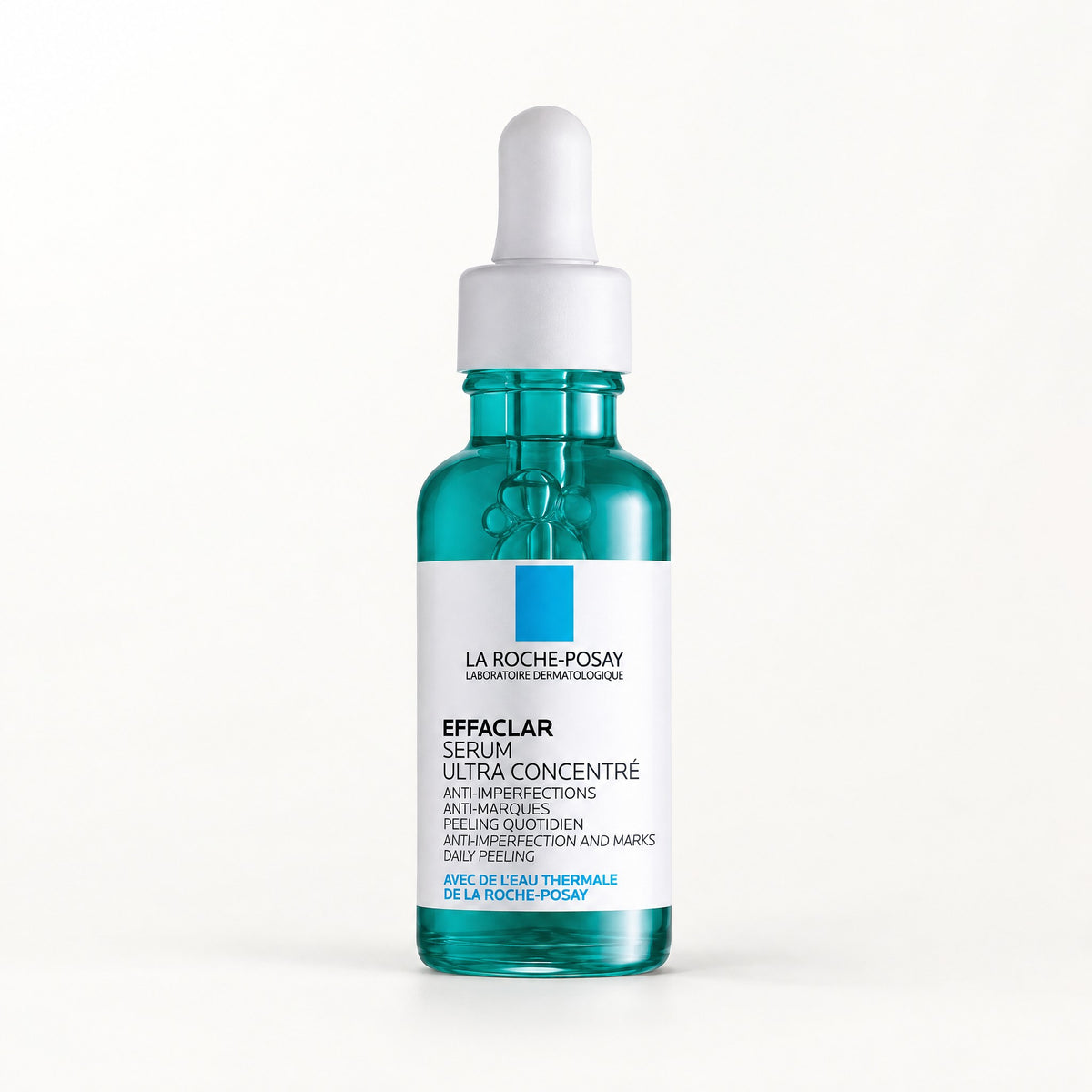 Frasco gotero de vidrio verde azulado con etiqueta blanca, La Roche-Posay Effaclar Ultra Concentrated Serum 30 ml