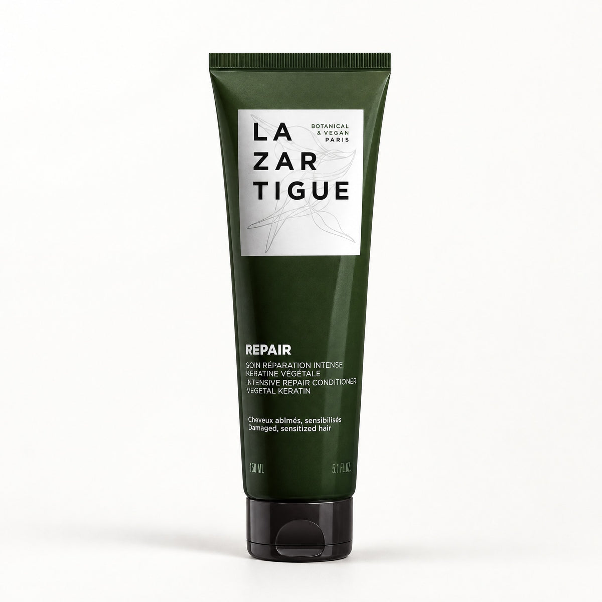 Tubo verde oscuro con tapa negra y etiqueta blanca La Zartigue, Acondicionador Repair 150 ml