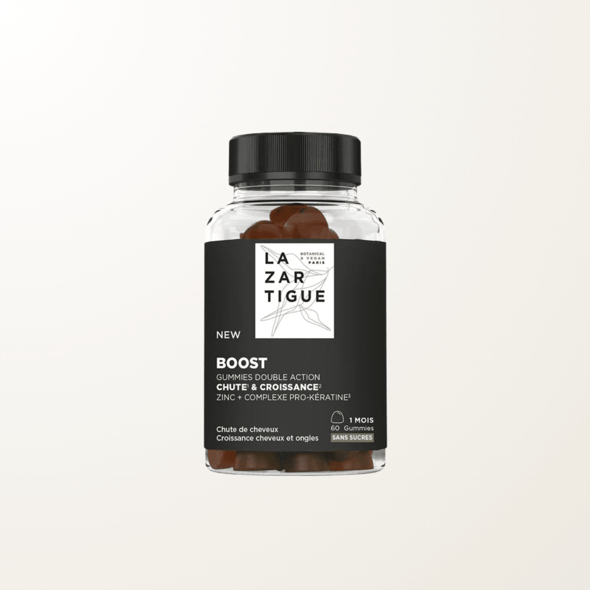 Frasco de gomitas Lazartigue Boost anticaída doble acción con zinc y proqueratina, 60 piezas