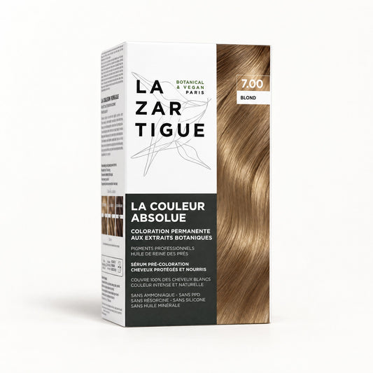 Caja blanca y gris oscuro con mechón rubio, Lazartigue La Couleur Absolue tinte 7.00 Rubio