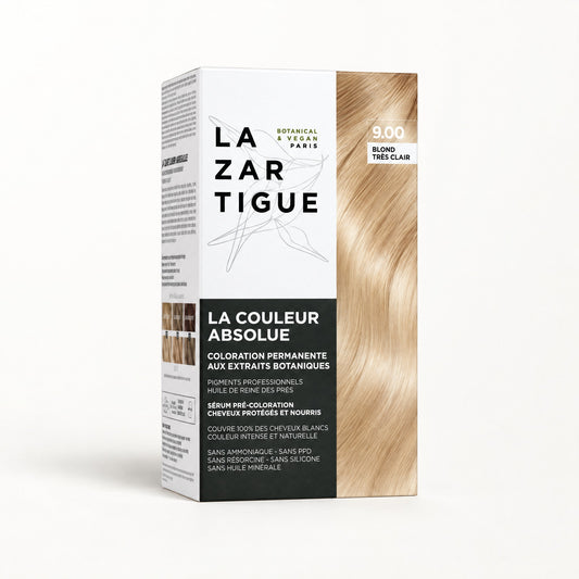 Caja blanca y gris oscuro con mechón rubio claro, Lazartigue La Couleur Absolue tinte 9.00 Rubio Claro