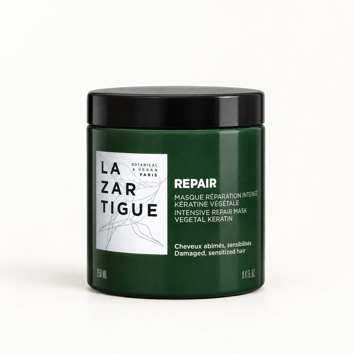 Frasco ancho verde oscuro con tapa negra y etiqueta blanca La Zartigue, Mascarilla Repair 250 ml