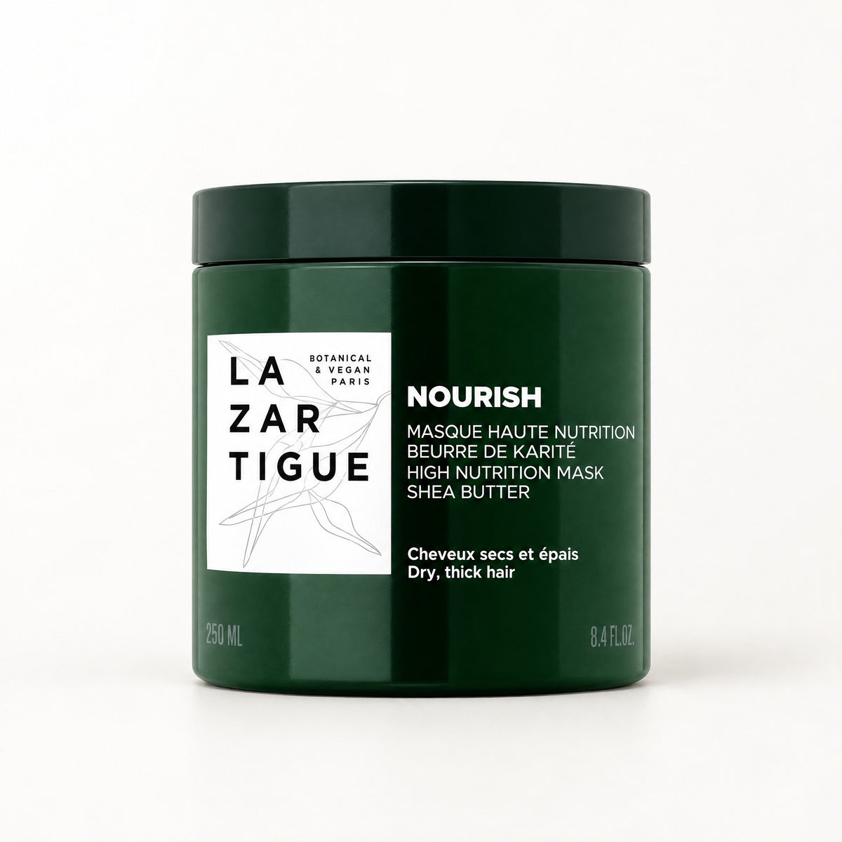 Frasco verde oscuro con etiqueta blanca, Lazartigue Nourish mascarilla 250 ml