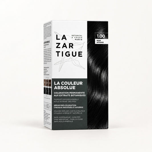 Caja blanca y gris oscuro con mechón negro, Tinte La Couleur Absolue 1.00 Noir Intense