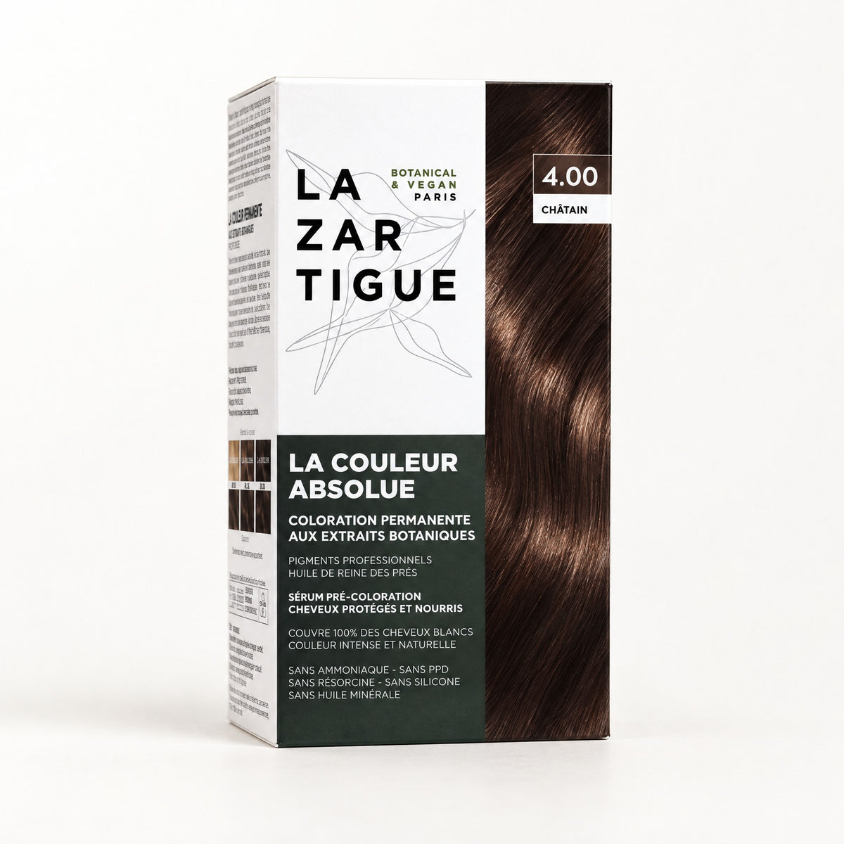 Caja blanca y gris oscuro con mechón castaño, Tinte La Couleur Absolue 4.00 Castaño