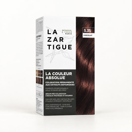 Caja blanca y gris oscuro con mechón castaño chocolate, Tinte La Couleur Absolue 5.35 Chocolat
