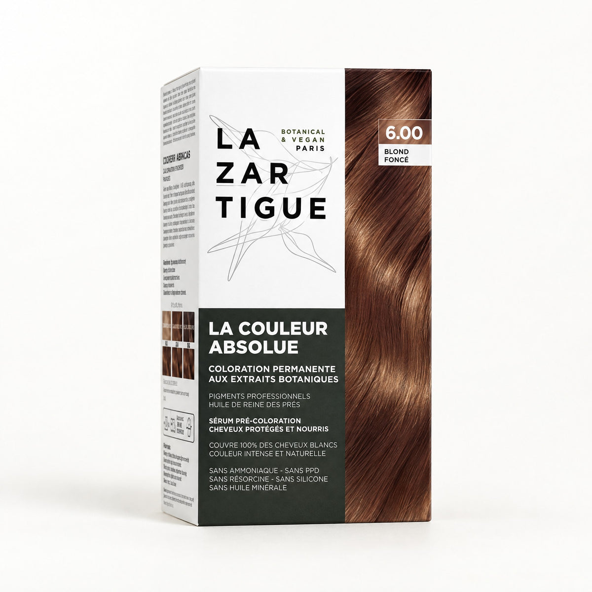 Caja blanca y gris oscuro con mechón rubio oscuro, Tinte La Couleur Absolue 6.00 Rubio Obscuro
