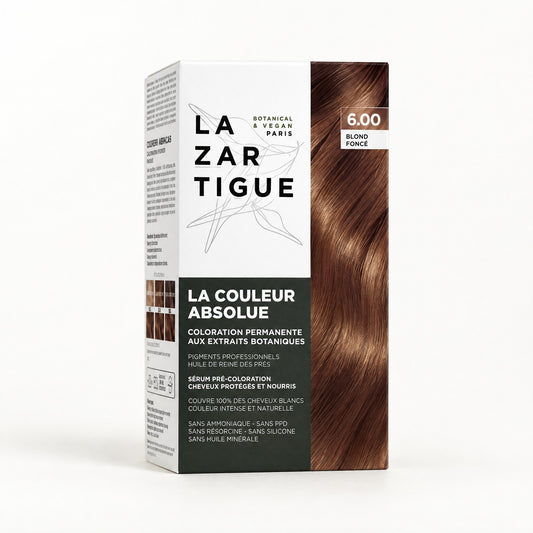 Caja blanca y gris oscuro con mechón rubio oscuro, Tinte La Couleur Absolue 6.00 Rubio Obscuro