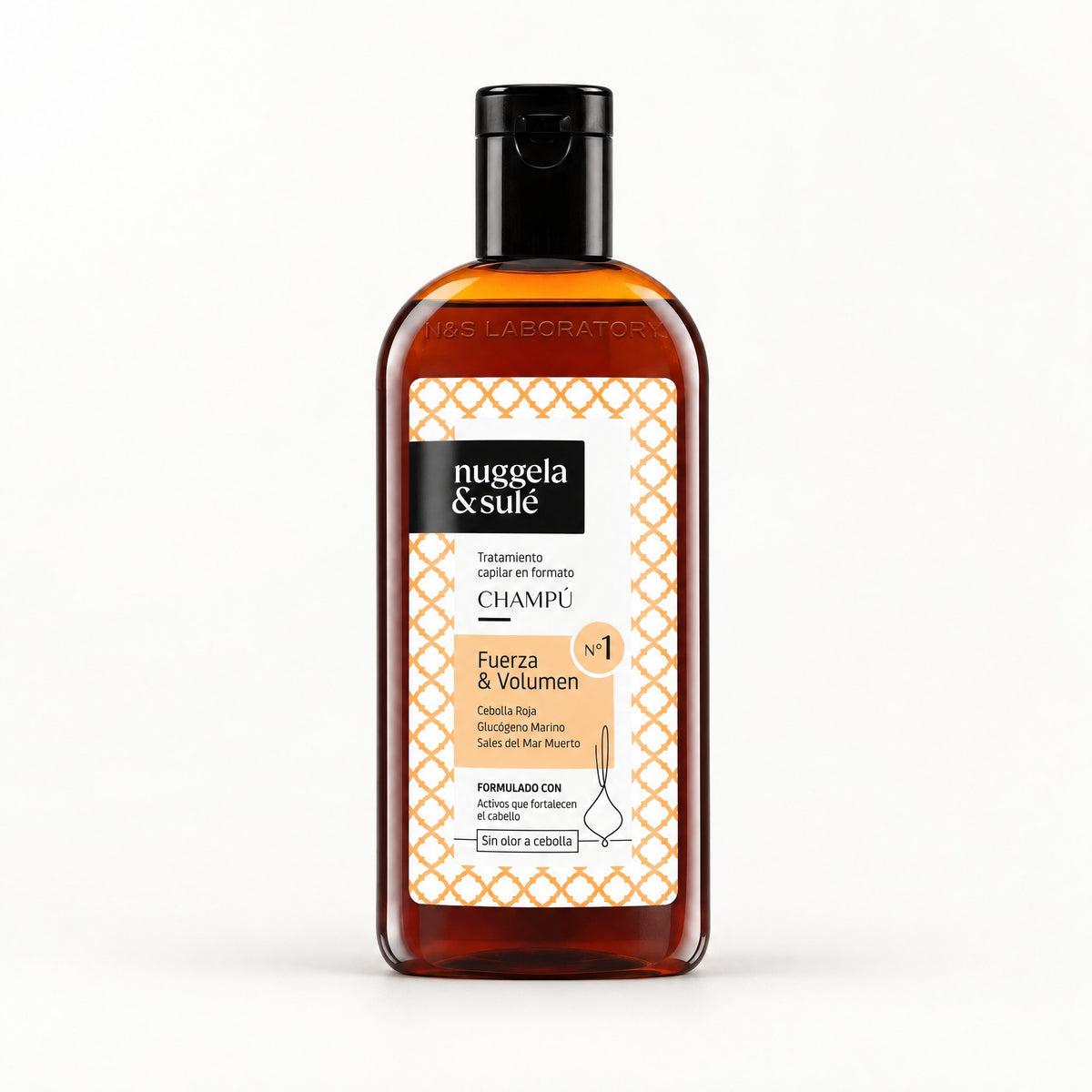 Botella ámbar con etiqueta naranja claro de Nuggela & Sulé Champú Fuerza y Volumen No 1