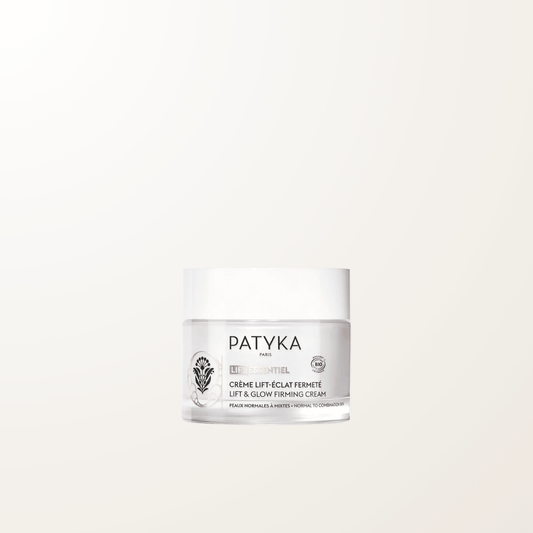 Tarro de cristal de la Crema Lift Luminosidad Firmeza de Patyka para pieles normales a mixtas, con textura gel-crema y certificación COSMOS Organic