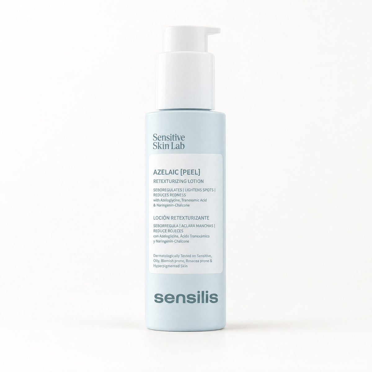 Frasco azul grisáceo con bomba blanca de Sensilis Azelaic Peel, loción retexturizante