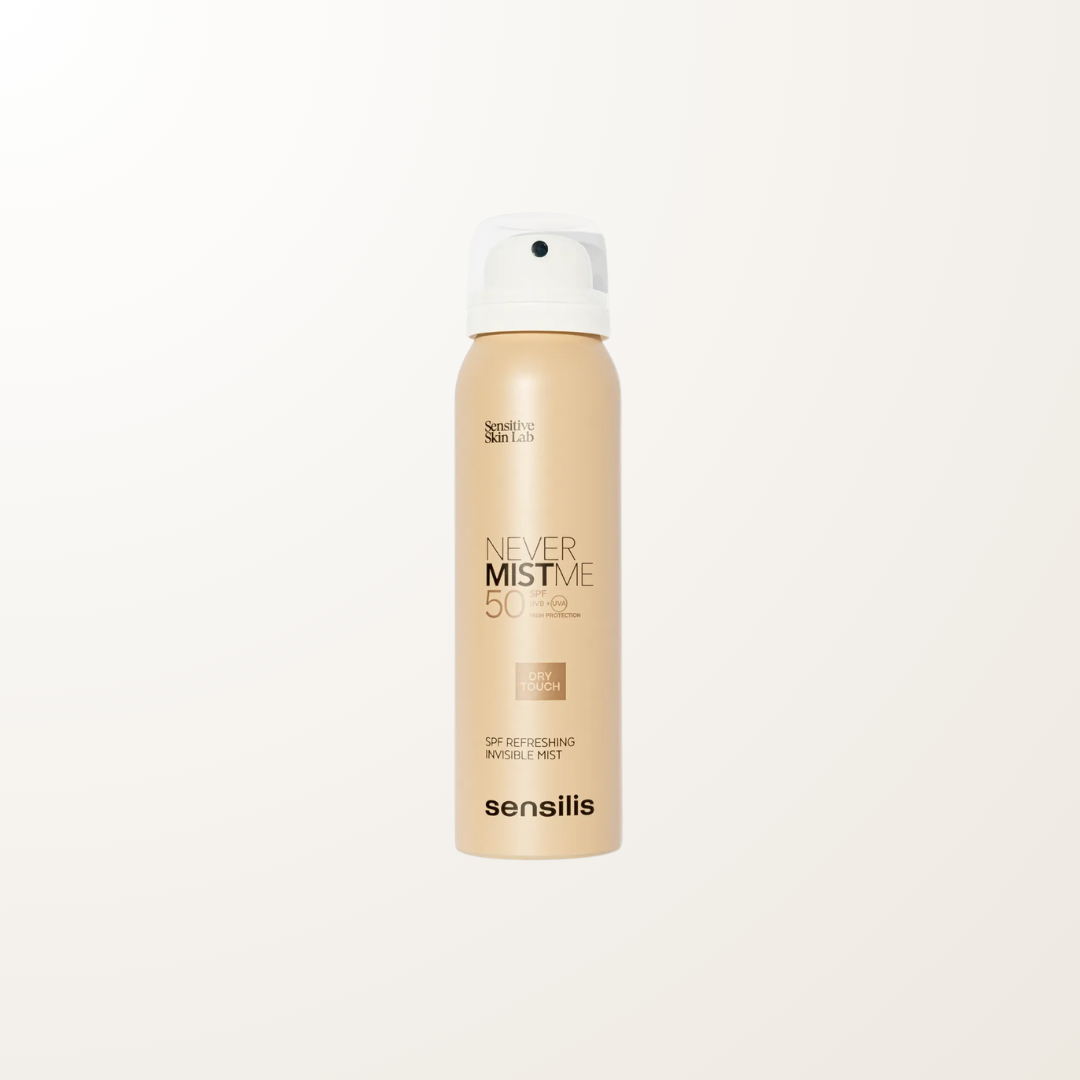 Envase spray de Never Mist Me SPF50 Sensilis, bruma solar para todo tipo de piel