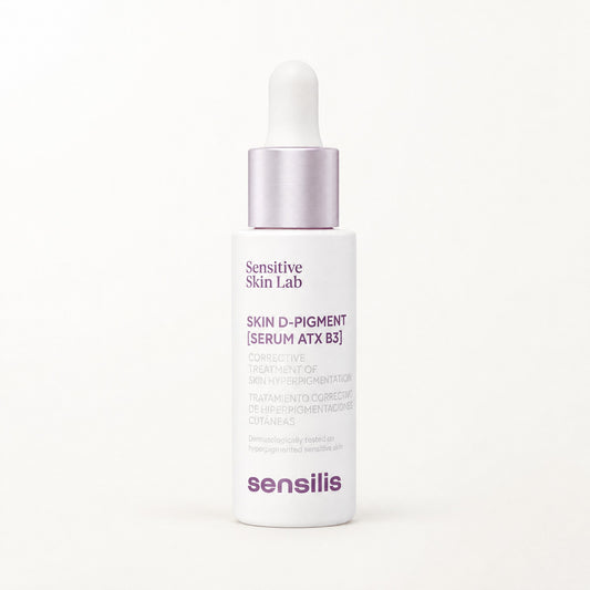 Frasco blanco con gotero y anillo lila de Sensilis Skin D-Pigment Serum ATX B3