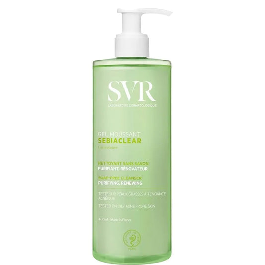 SVR Sebiaclear Gel Moussant 400ml para piel grasa y acneica, disponible en Elenederm.