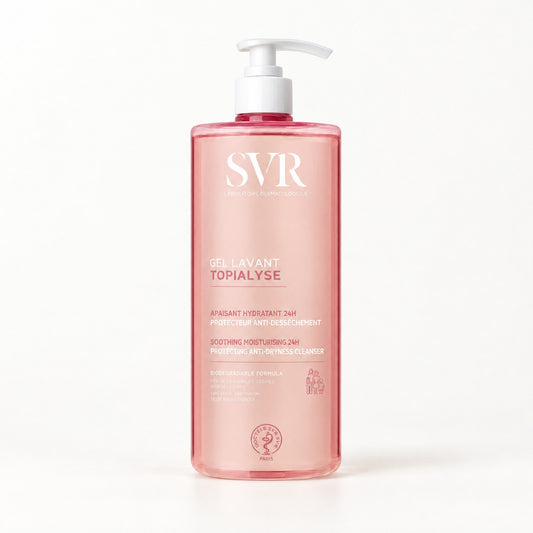 Botella rosa con dosificador blanco, etiqueta SVR Gel Lavant Topialyse apaisant hydratant, 400 ml