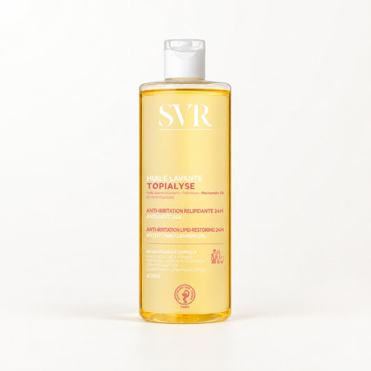 Botella amarilla con tapa blanca, etiqueta SVR Huile Lavante Topialyse anti-irritation relipidante, 400 ml