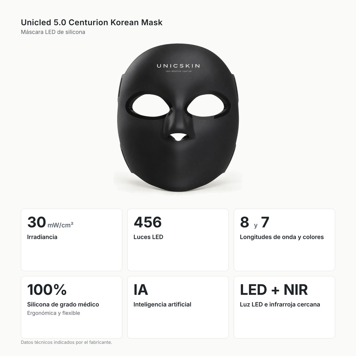 Máscara LED negra Unicled 5.0 Centurion Korean Mask con tarjetas de datos técnicos y aprobación CE y FDA