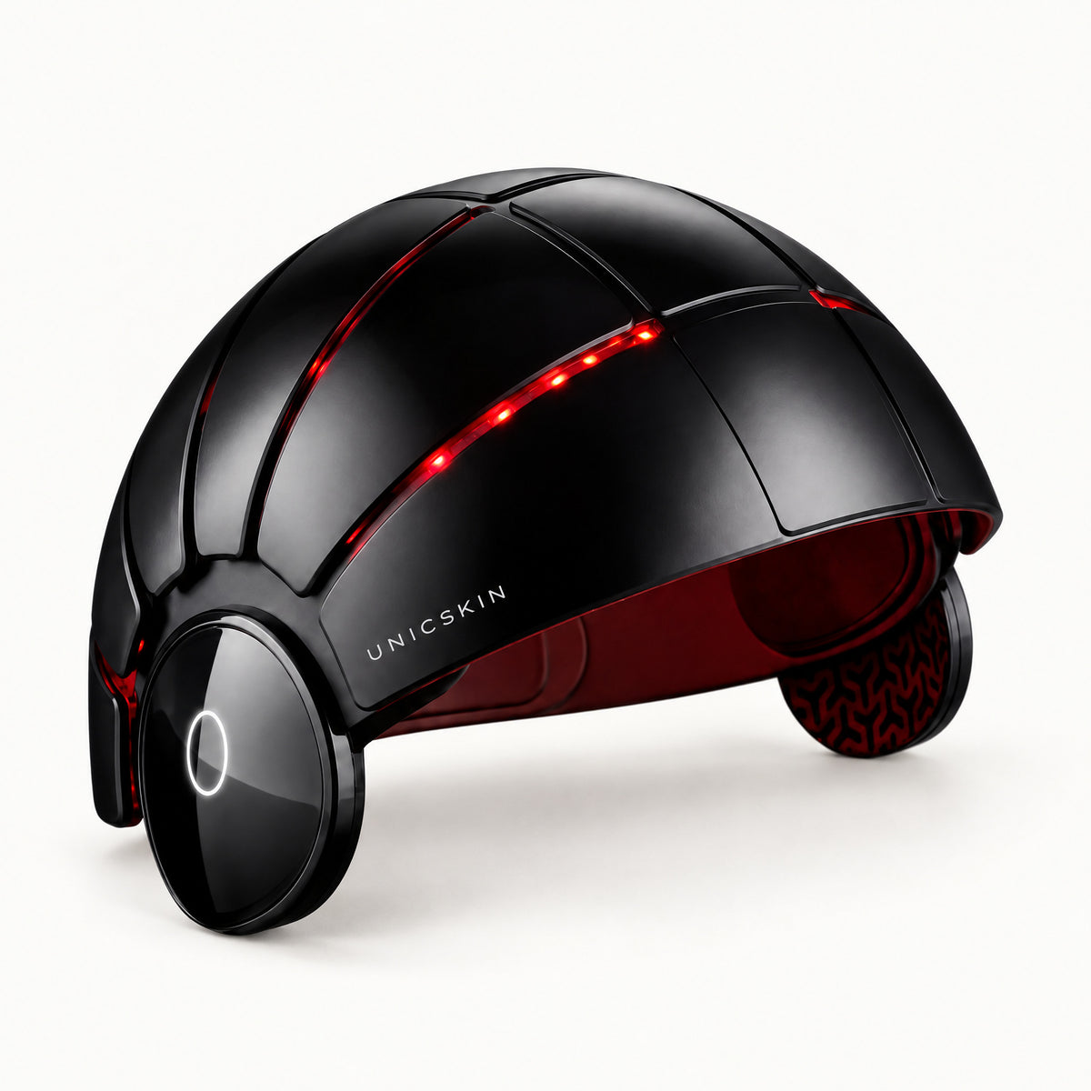 Casco LED negro con franjas rojas y almohadillas laterales, logo Unicskin, Unicled Helmet Omega 5.0