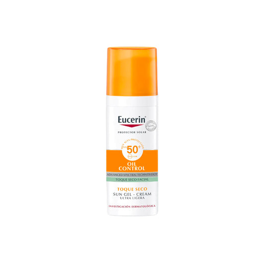 Eucerin Sun Gel-Crème Oil Control Dry Touch FPS 50+, protector solar para pieles grasas y con exceso de brillo.