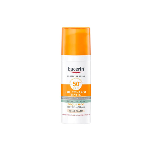 Eucerin Sun Gel-Crème Oil Control Dry Touch FPS 50+ tono claro, protector solar para pieles grasas y con exceso de brillo.