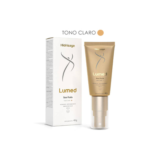 Lumed Base Fluida SPF 50 de Hidrisage disponible en Elenederm. Base fluida con cobertura alta, protección solar y acabado mate para piel sensible.