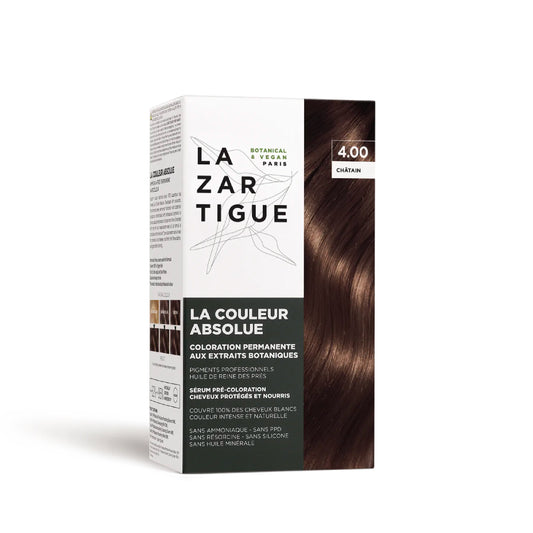 Coloración permanente vegana Lazartigue La Couleur Absolue 4.00 tono castaño intenso con ingredientes naturales.