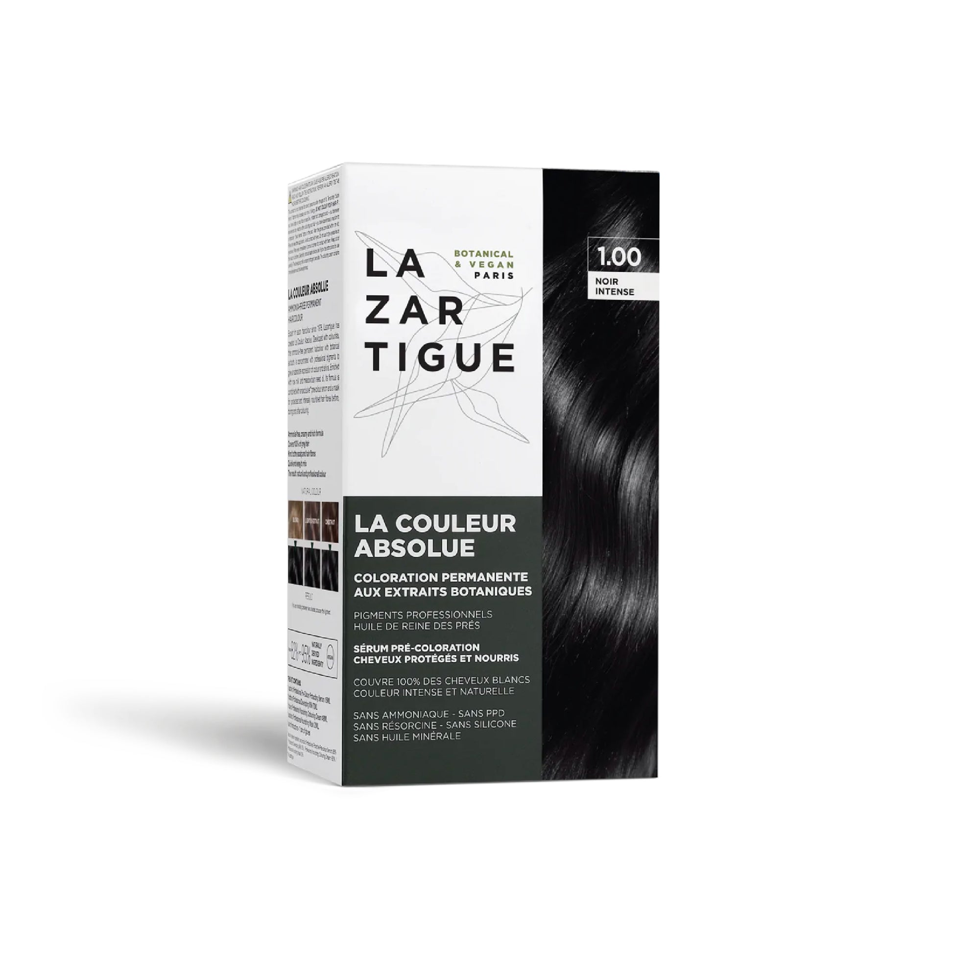 Coloración permanente vegana Lazartigue La Couleur Absolue 1.00 Noir, tono negro intenso con ingredientes naturales.